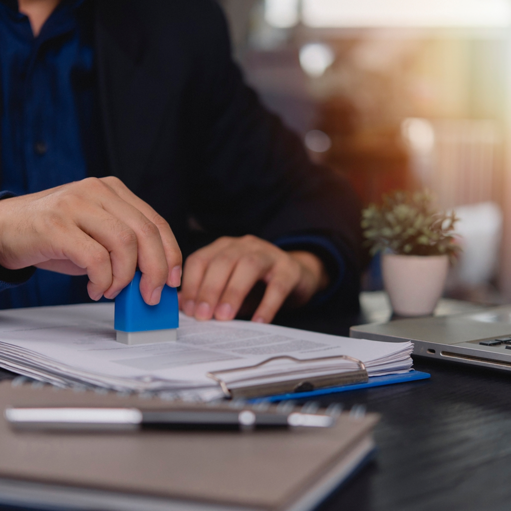 person stamping documents