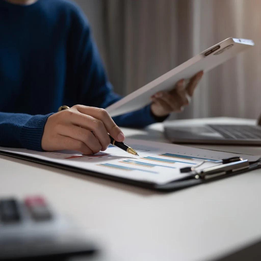 person looking at a tablet and graphs for Delaware company