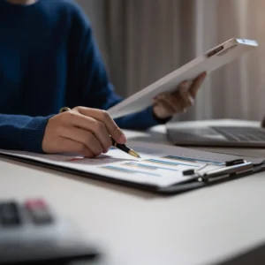 person looking at a tablet and graphs for Delaware company